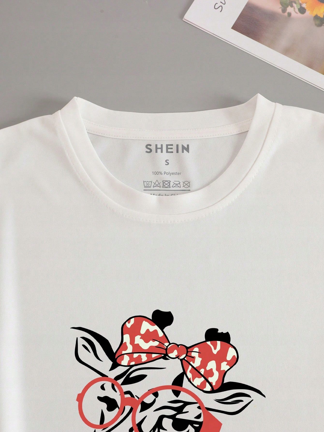 T-Shirt Prosty Z Nadrukiem Żyrafa Biały Casual Shein M 38