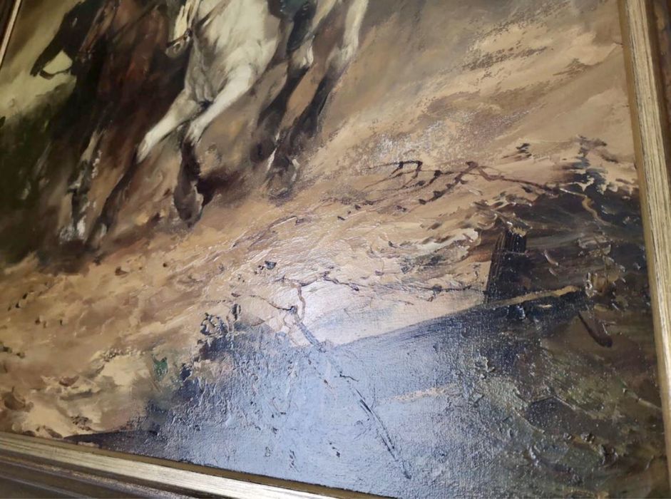 Obraz olejny „konie uciekajace z pozaru” Gerhard Dickmeis rzadkość!