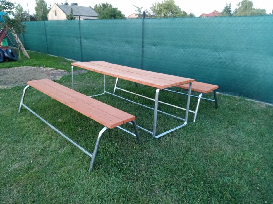 Meble ogrodowe stół ławki na działkę pod altanę solidne stal z drewnem