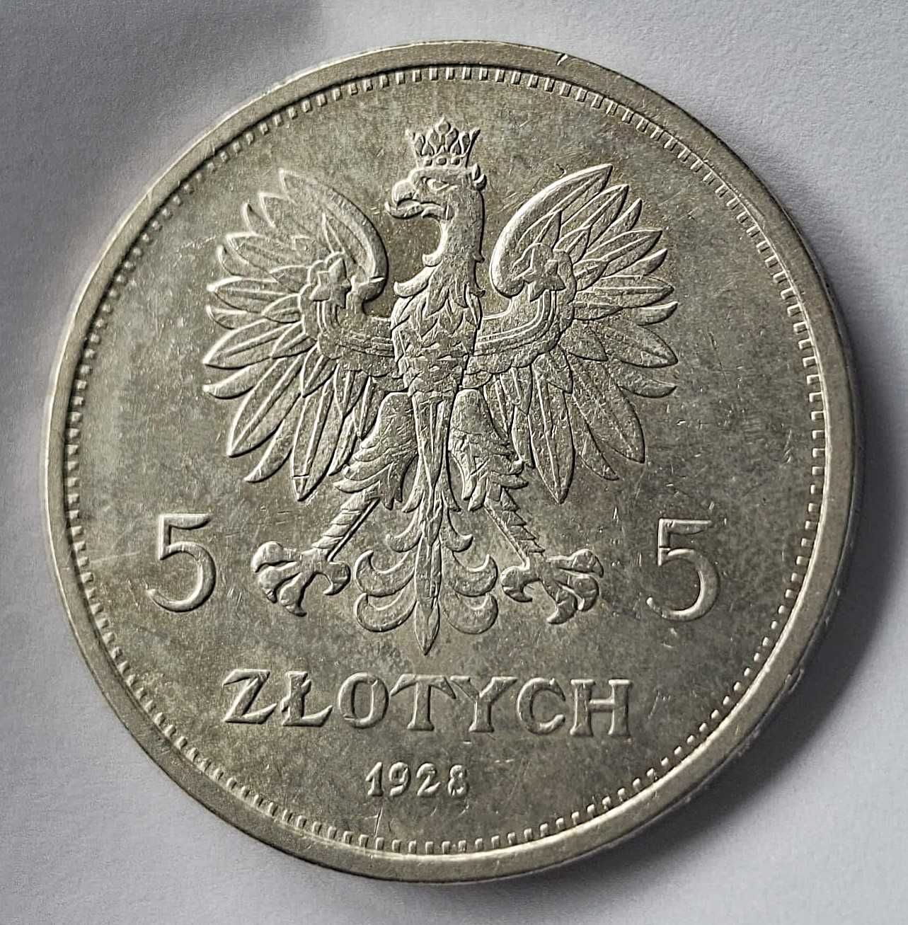 5 złotych 1928 Nike, ze znakiem, Warszaw