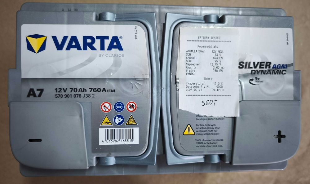 Akumulator Varta AGM 70Ah 760A 12V 72Ah 74Ah