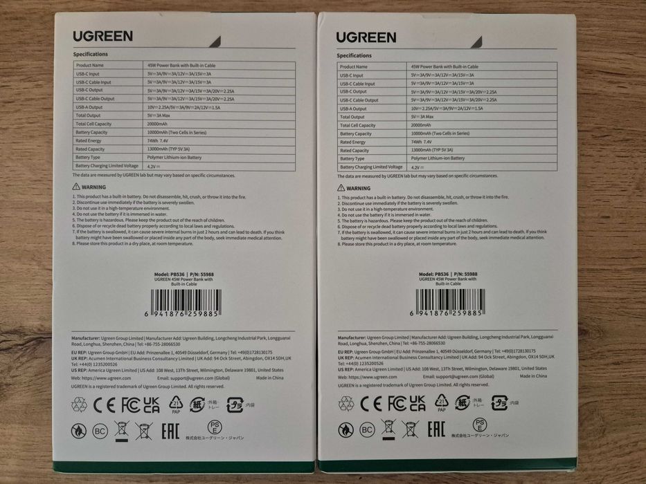 Павербанк UGREEN PB536 20000 mAh 45W 55988 з вбудованим кабелем USB C