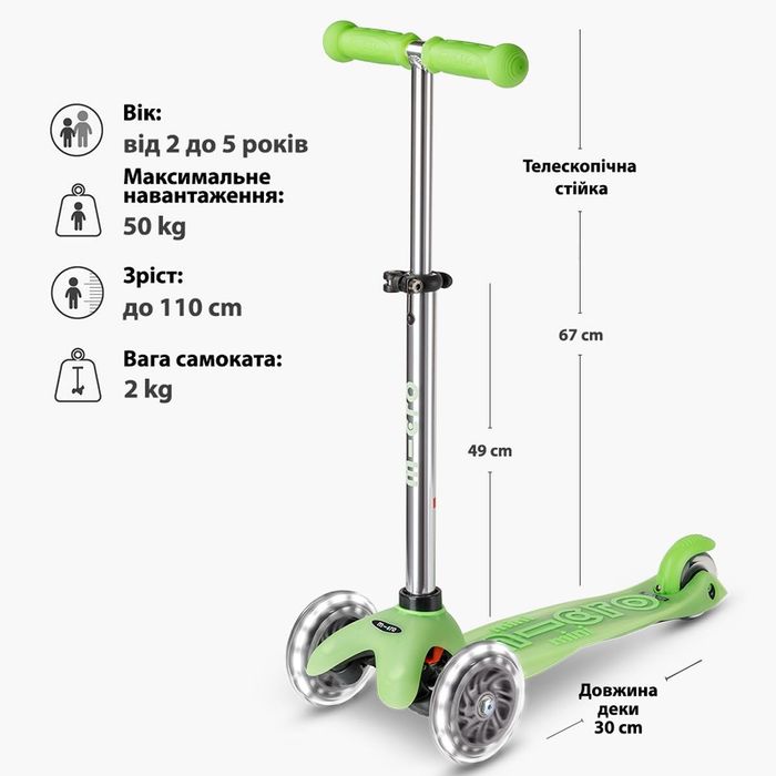 Триколісний самокат Mini Micro Deluxe Glow LED світиться вночі