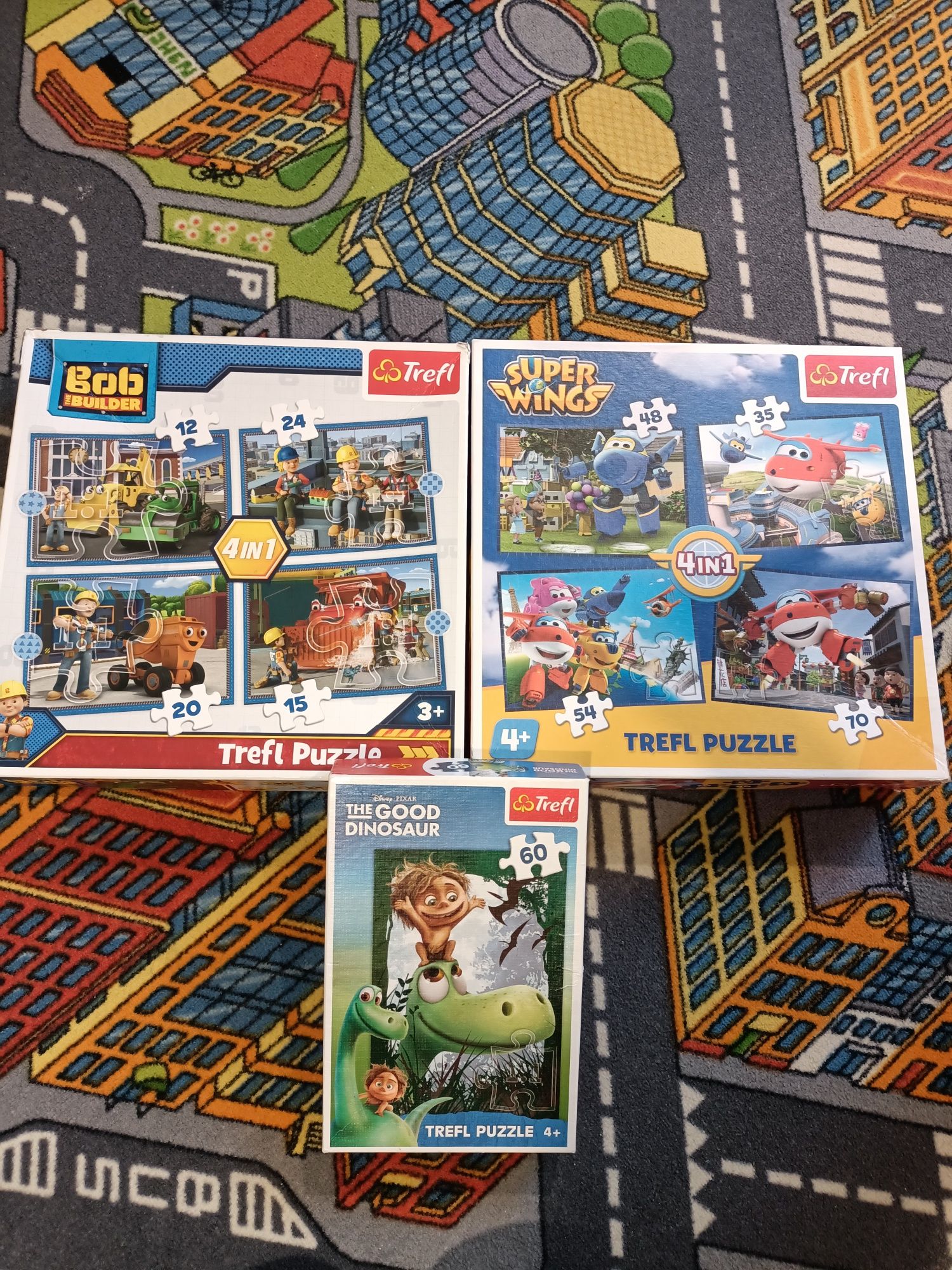 Puzzle Trefl 3+ i 4+ Bob budowniczy super wings dobry diznozaur