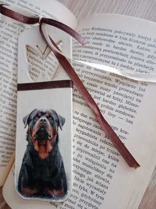 Drewniana zakładka do książki rottweiler decoupage rękodzieło handmade