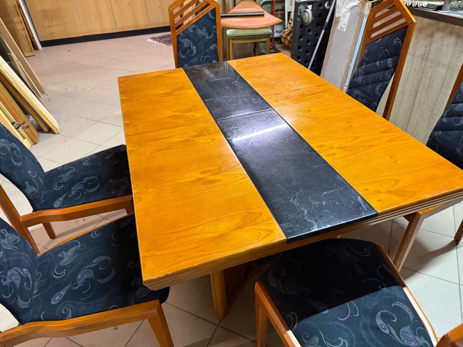 Stół rozkładany z naturalnym marmurem + 6 krzeseł DOWÓZ DO DOMU