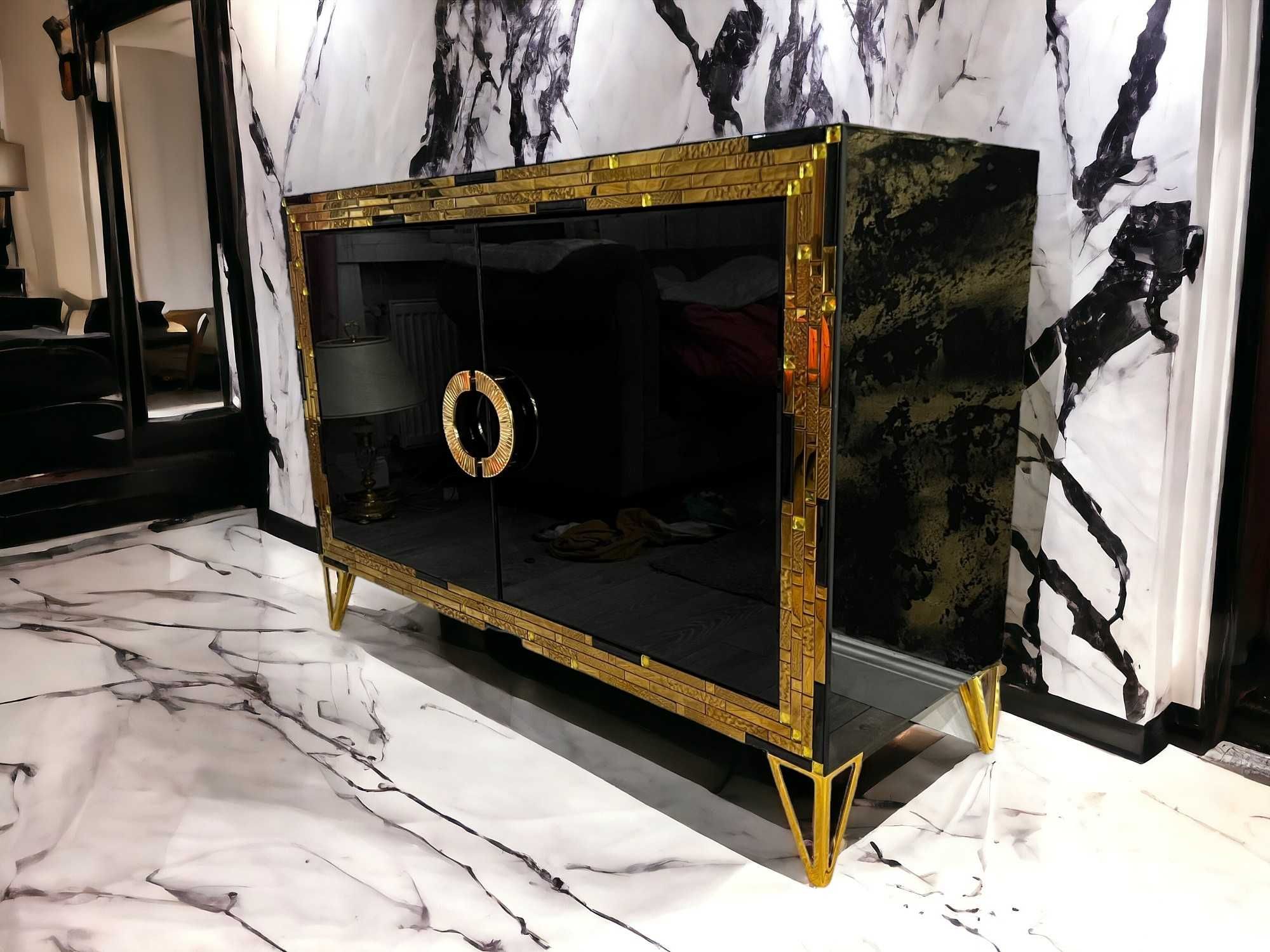 Komoda  lustrzana glamour złoto czarny połysk 120cm fazowana PRODUCENT