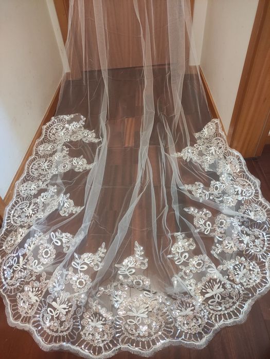 Véu Noiva Tule Renda Lantejoulas Pérola 4M