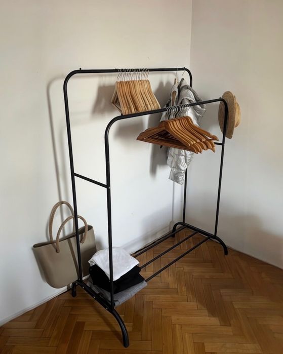 MEGA Wieszak stojący na ubrania podłogowy podwójny stojak metalowy