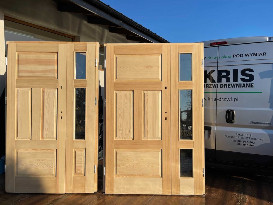 Drzwi zewnętrzne drewniane 900 OFERT ocieplane dwuskrzydłowe SOSNOWE