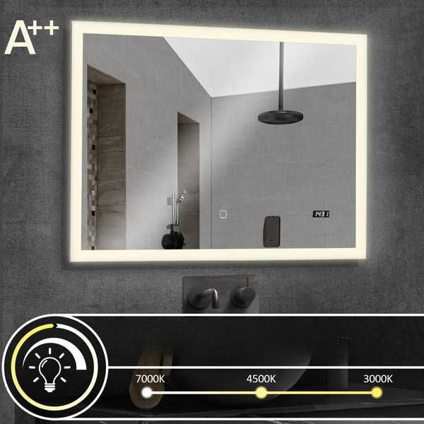 Lustro łazienkowe 80x60 z podświetleniem LED, ZEGAREM
