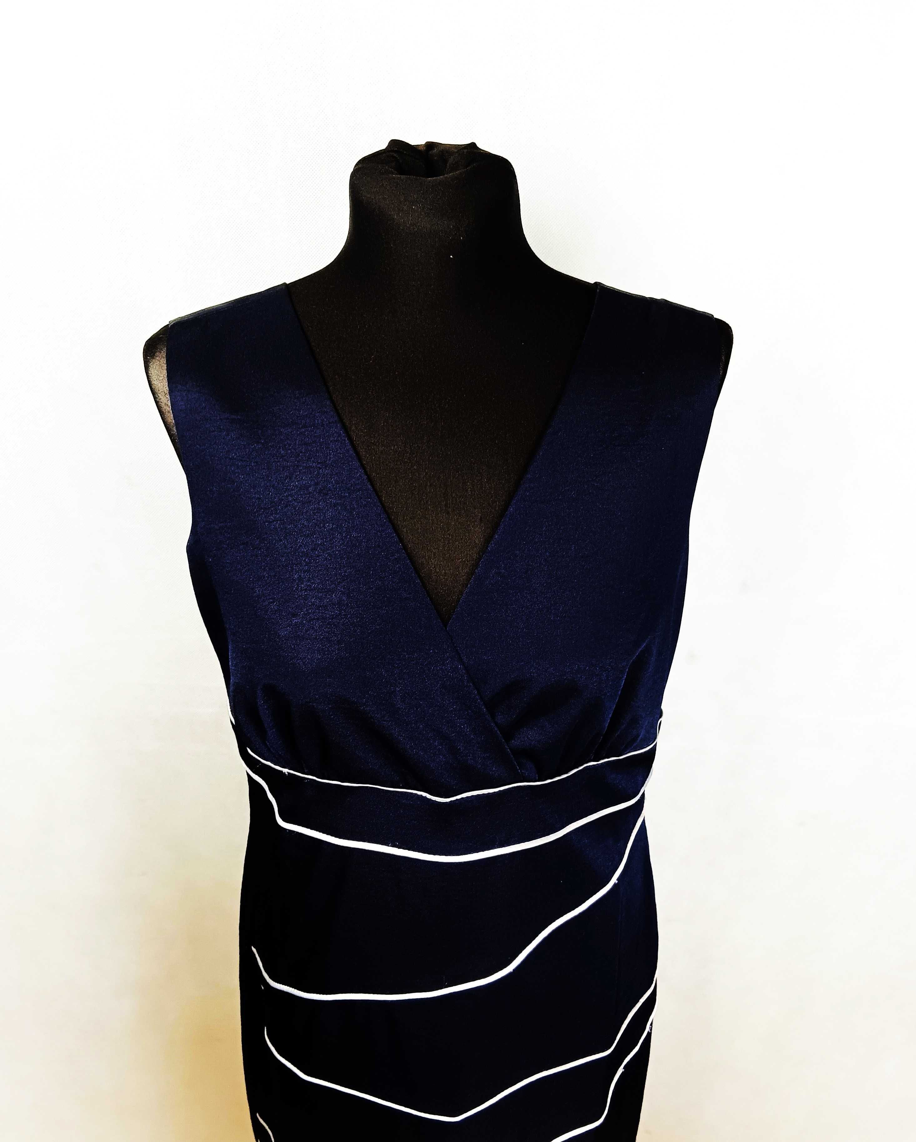 Ciemno granatowa elegancka sukienka bez rękawów Midi Rozmiar L/40