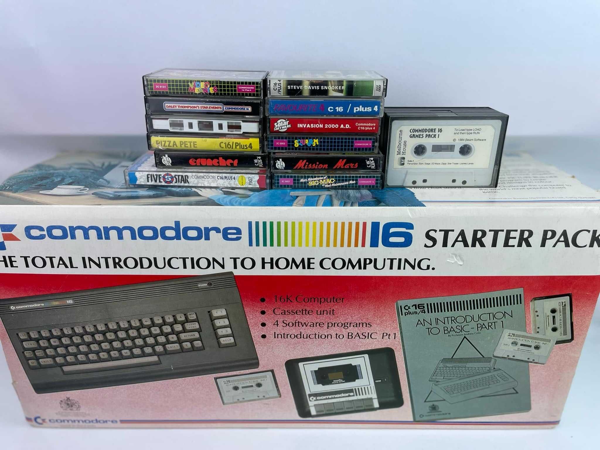 Commodore 16 w pudełku + magnetofon + zasilacz + 15 kaset z grami