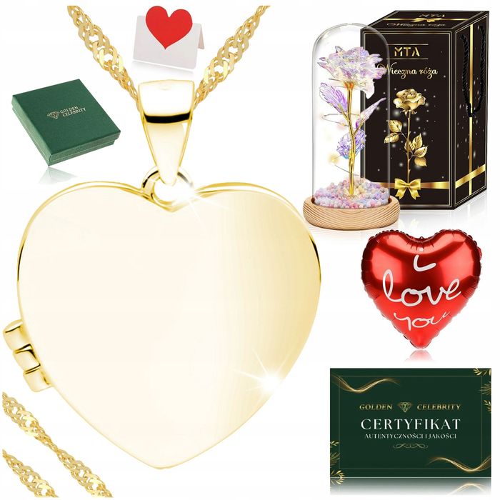 Złoty Łańcuszek Z Serduszkiem Otwieranym Na Zdjęcie 925 + Róża Wieczna