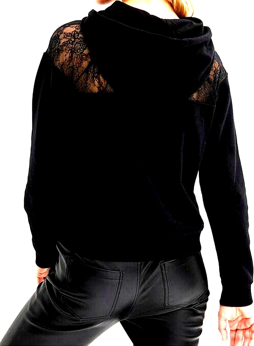 NOWA bluza r. 52/54 z koronką i kapturem - czarna/ 100 % bawełna