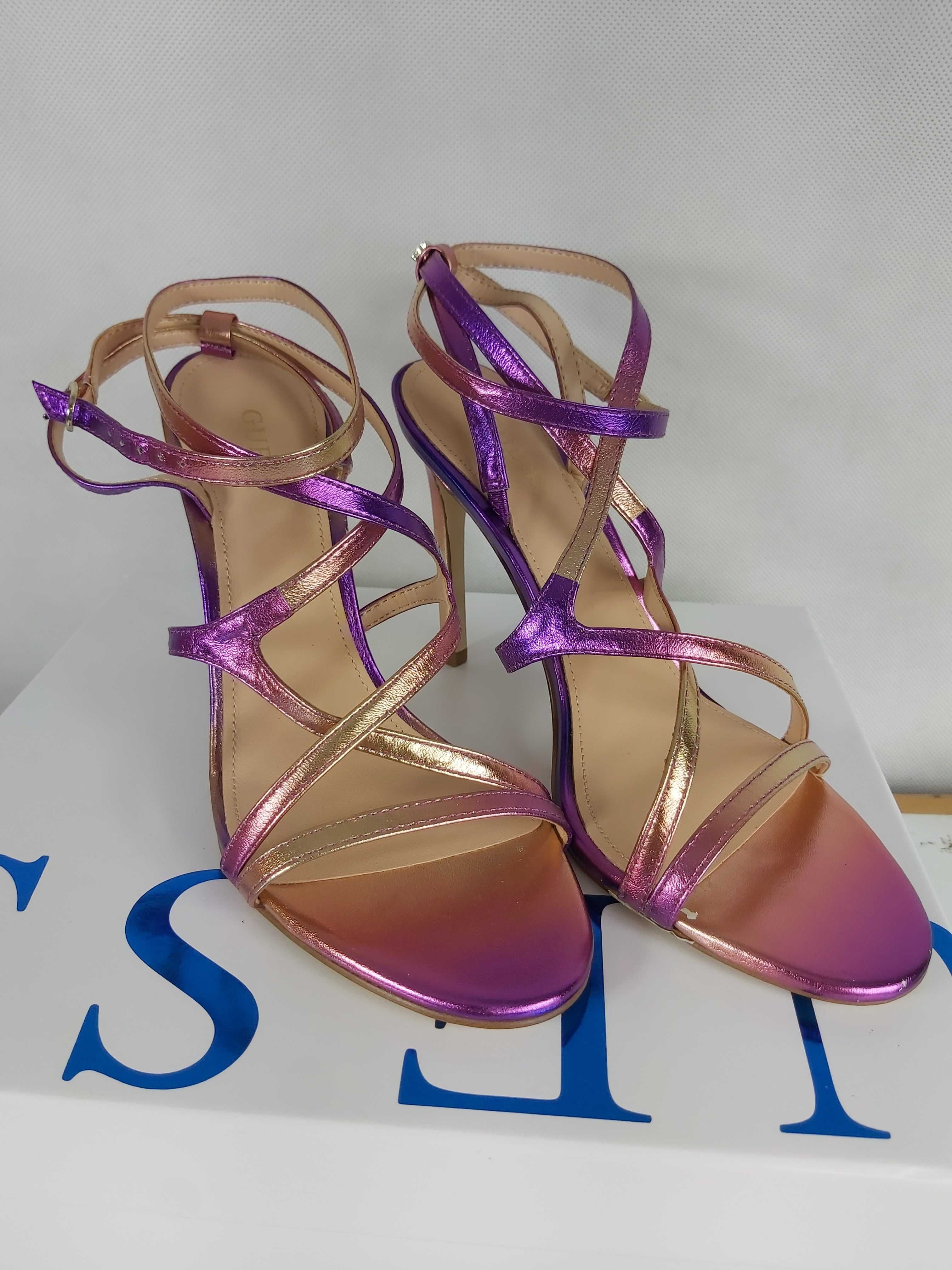 Nowe fioletowe rozowe metaliczne sandaly GUESS szpilki 38 a260