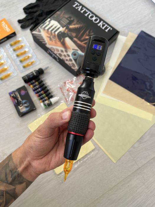 Kit Tattoo/ Tatuagem COMPLETO Máquina Bateria/Pen Sem fios/Pele Treino