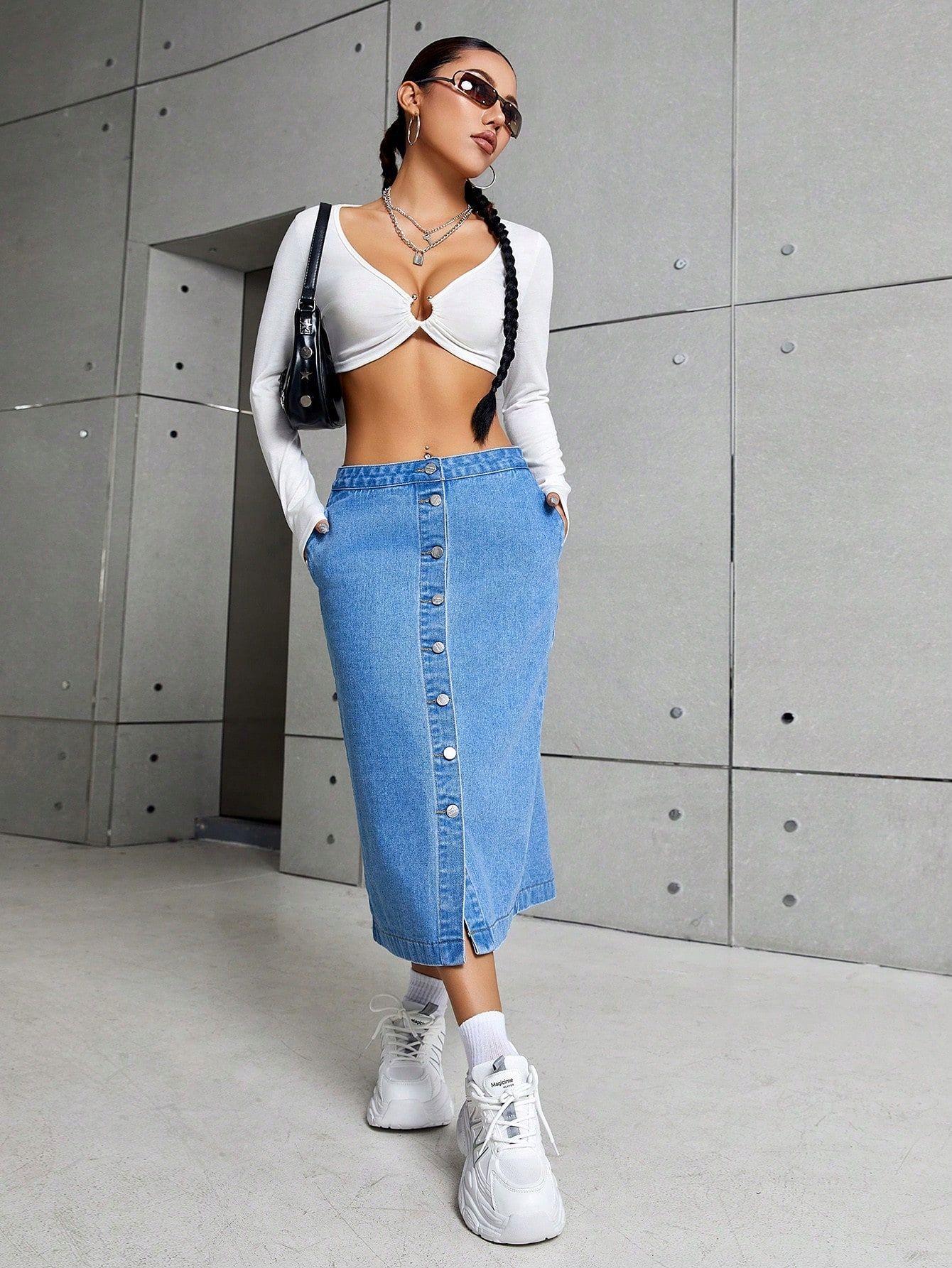 Spódnica Jeansowa Rozpinana Niebieska Midi Casual Shein M 38