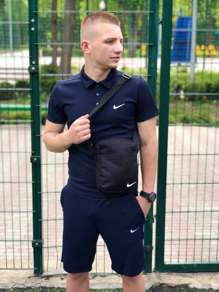 Комплект мужской летний Nike Футболка поло + Шорты + Барсетка Костюм