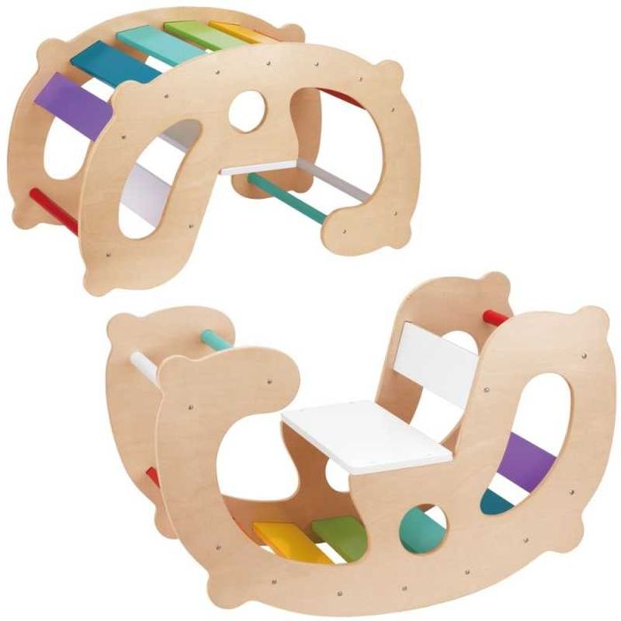 Drewniany Tęczowy Bujak i Mostek 2w1 Montessori FSC