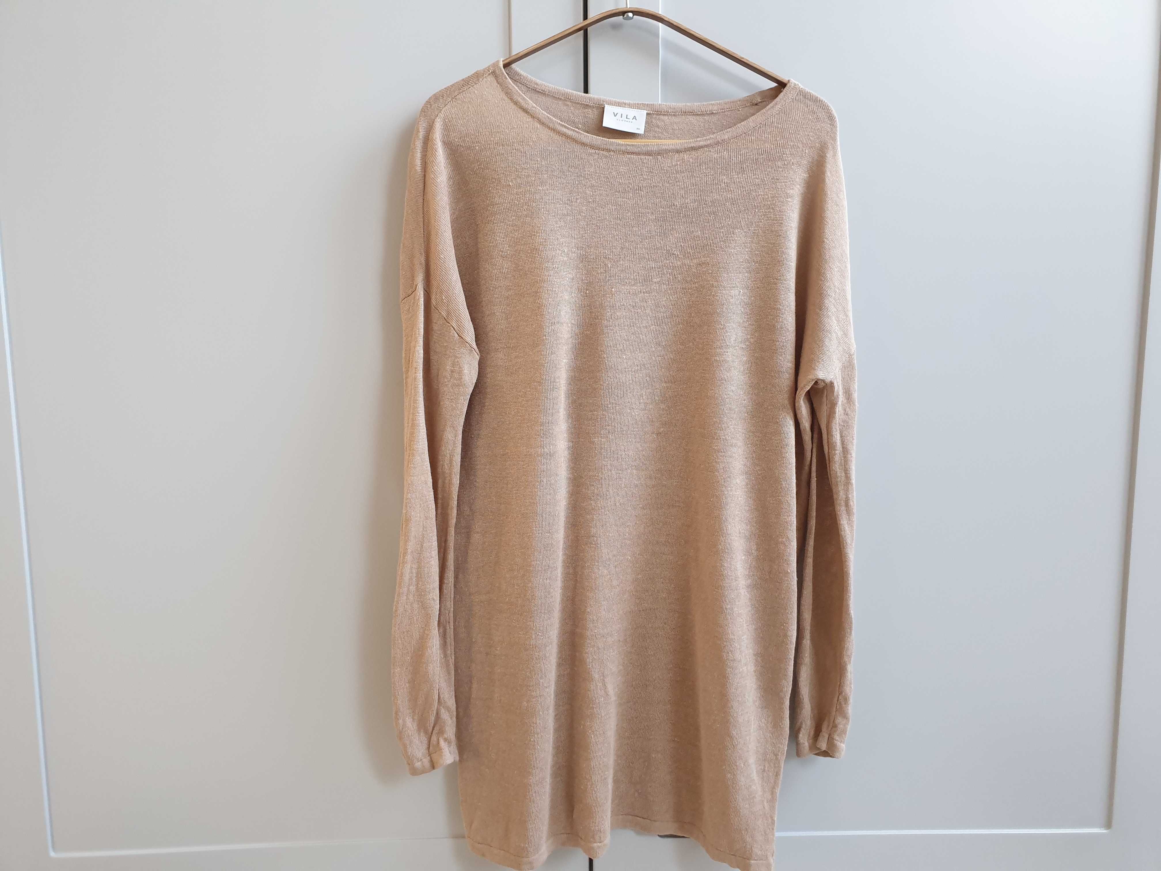 Beżowa lniana bluzka koszula t-shirt sweter oversize XS 34 36 Vila