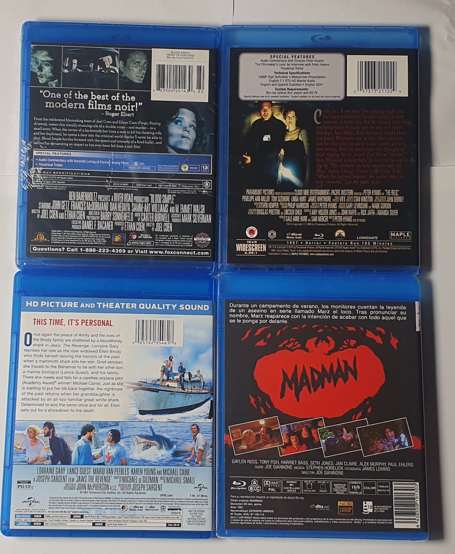 Zestaw 4 filmów Blu-ray MadMan, Relic, Jaws 4, Blood Simple