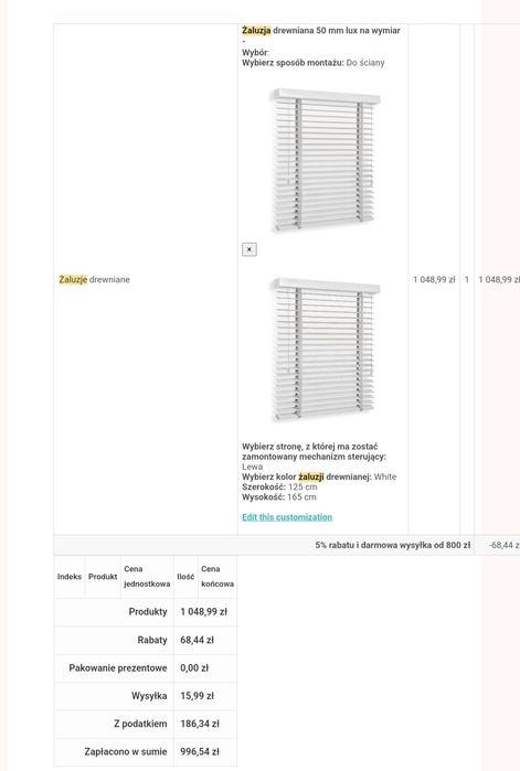 NOWE drewniane żaluzje 125 cm szer, 165 wys.