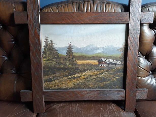 Obraz na płótnie olejny Pejzaż góry, las, chata -  drewniana rama