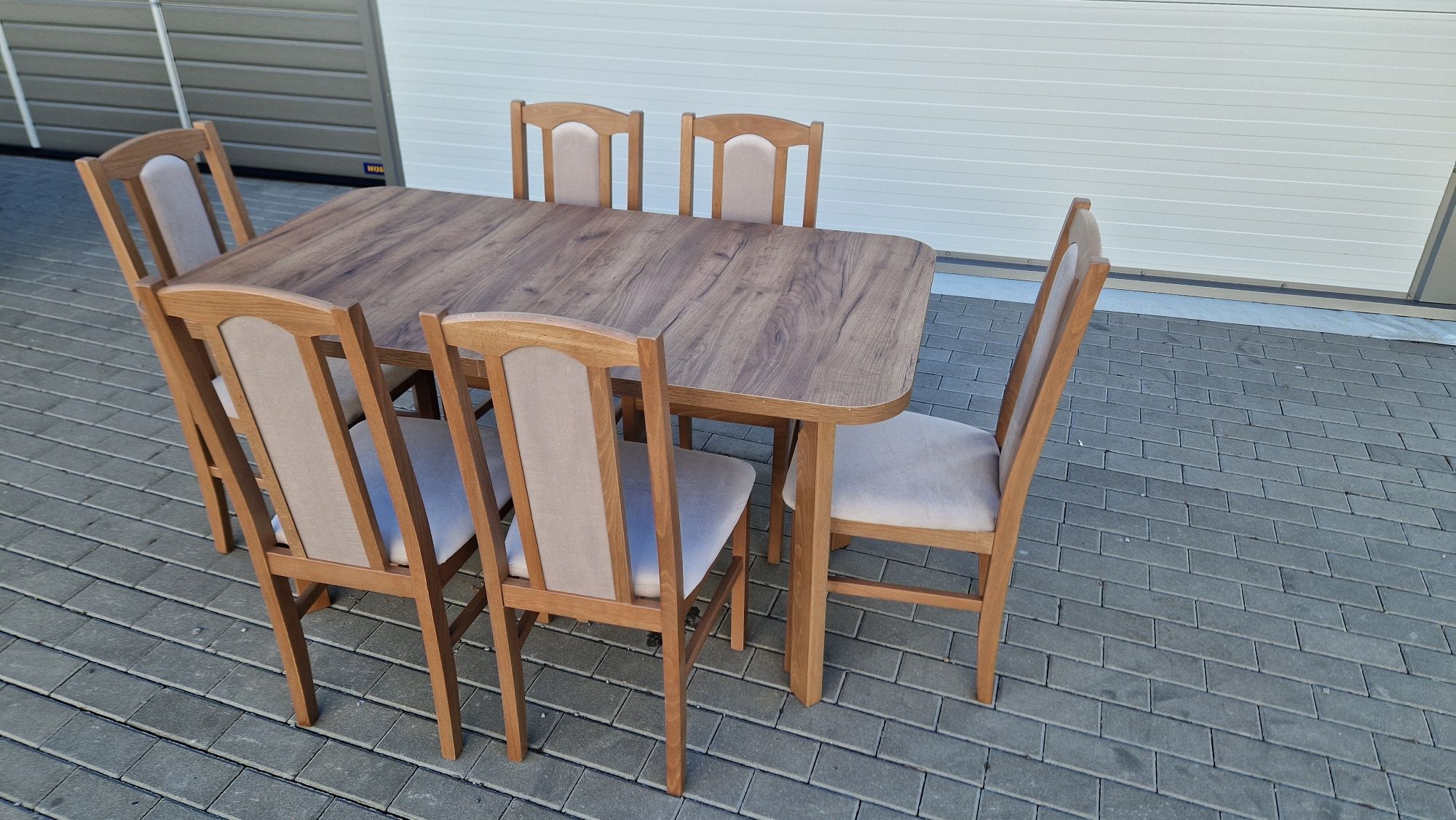 Nowość: Stół rozkładany + 6 krzeseł, ORZECH JASNY + LATTE, transPL
