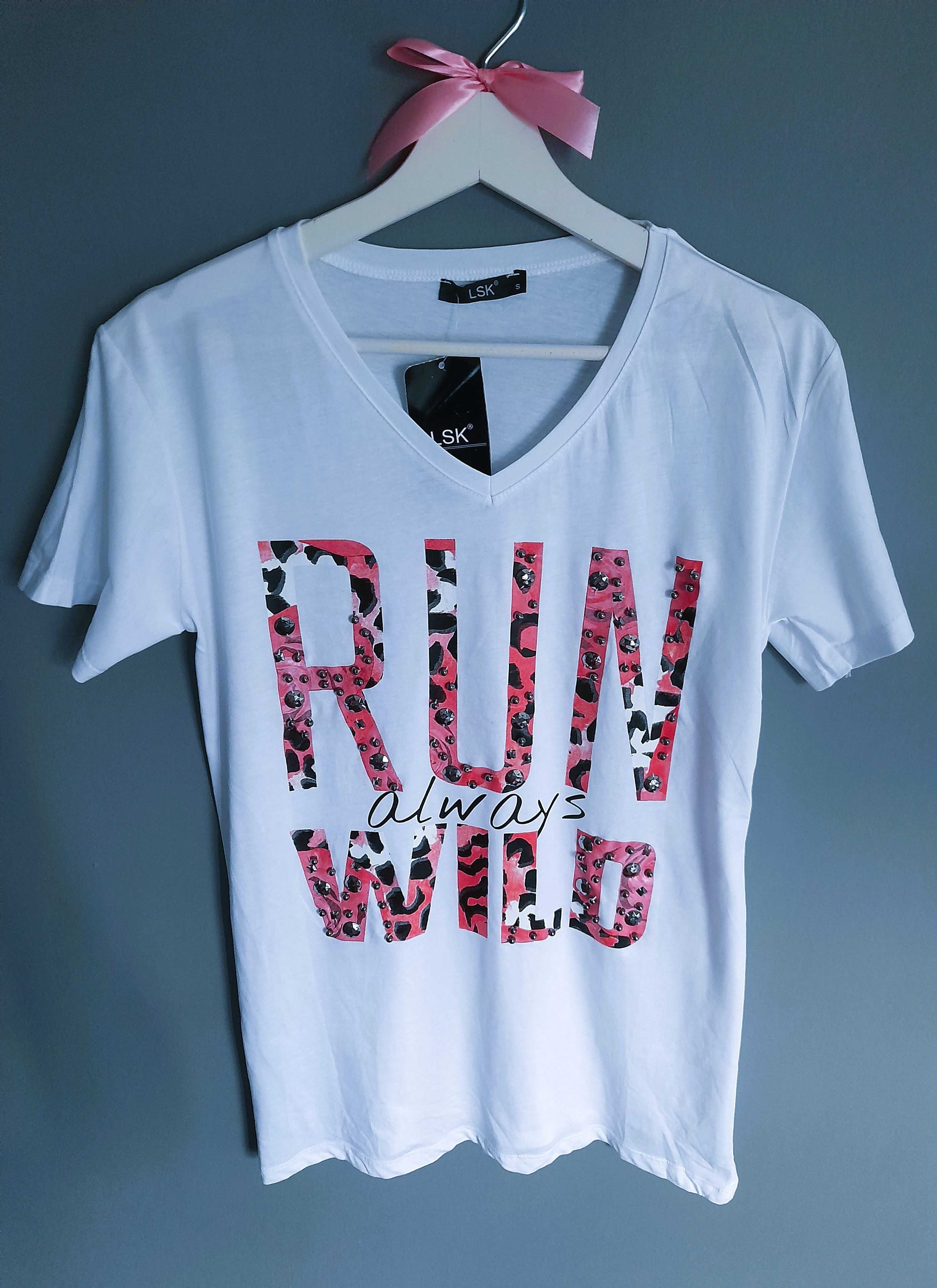Biały t-shirt różowy napis panterka cyrkonie