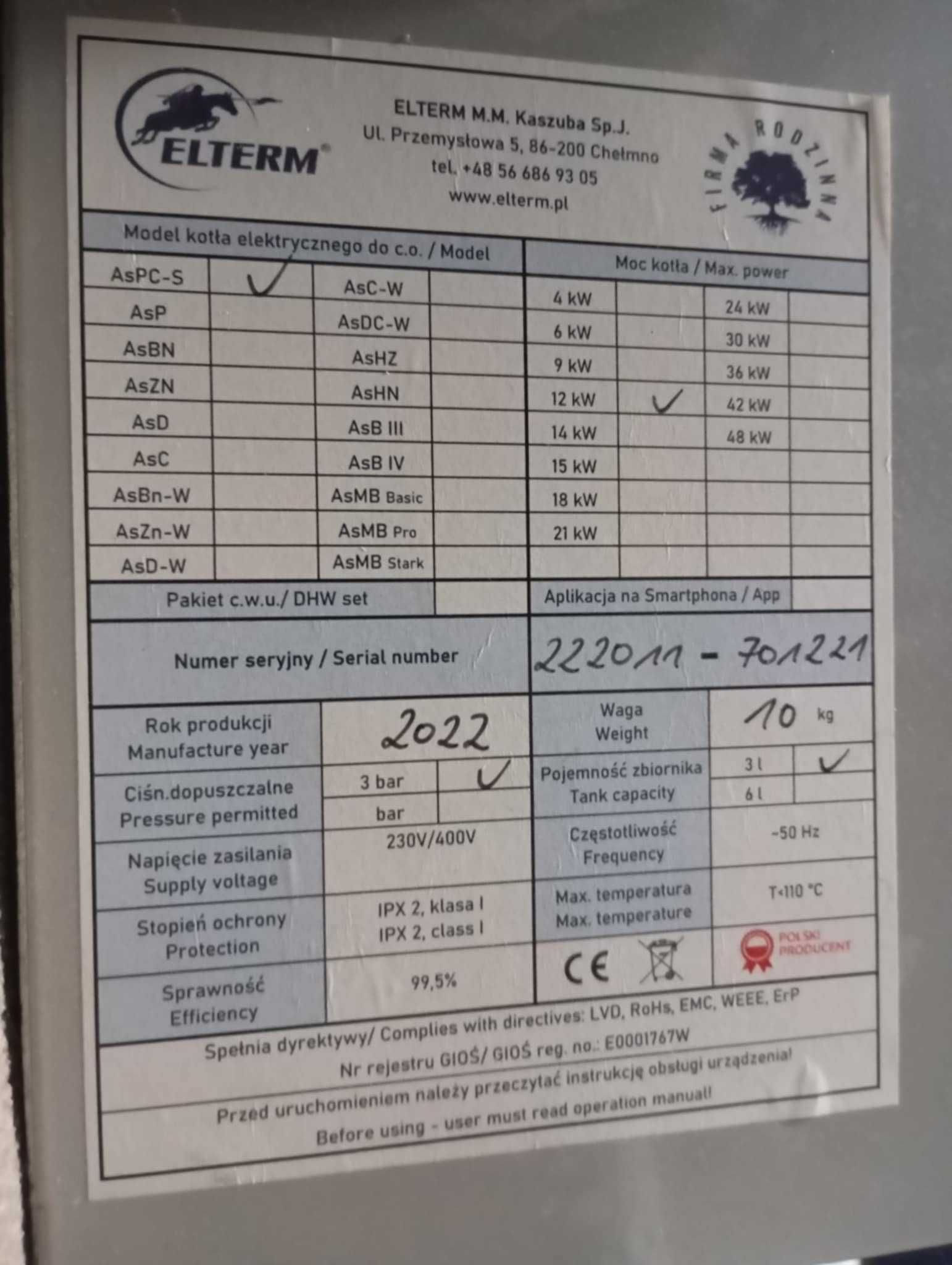 Kocioł elektryczny c.o. 12 kW Elterm AsPC-5