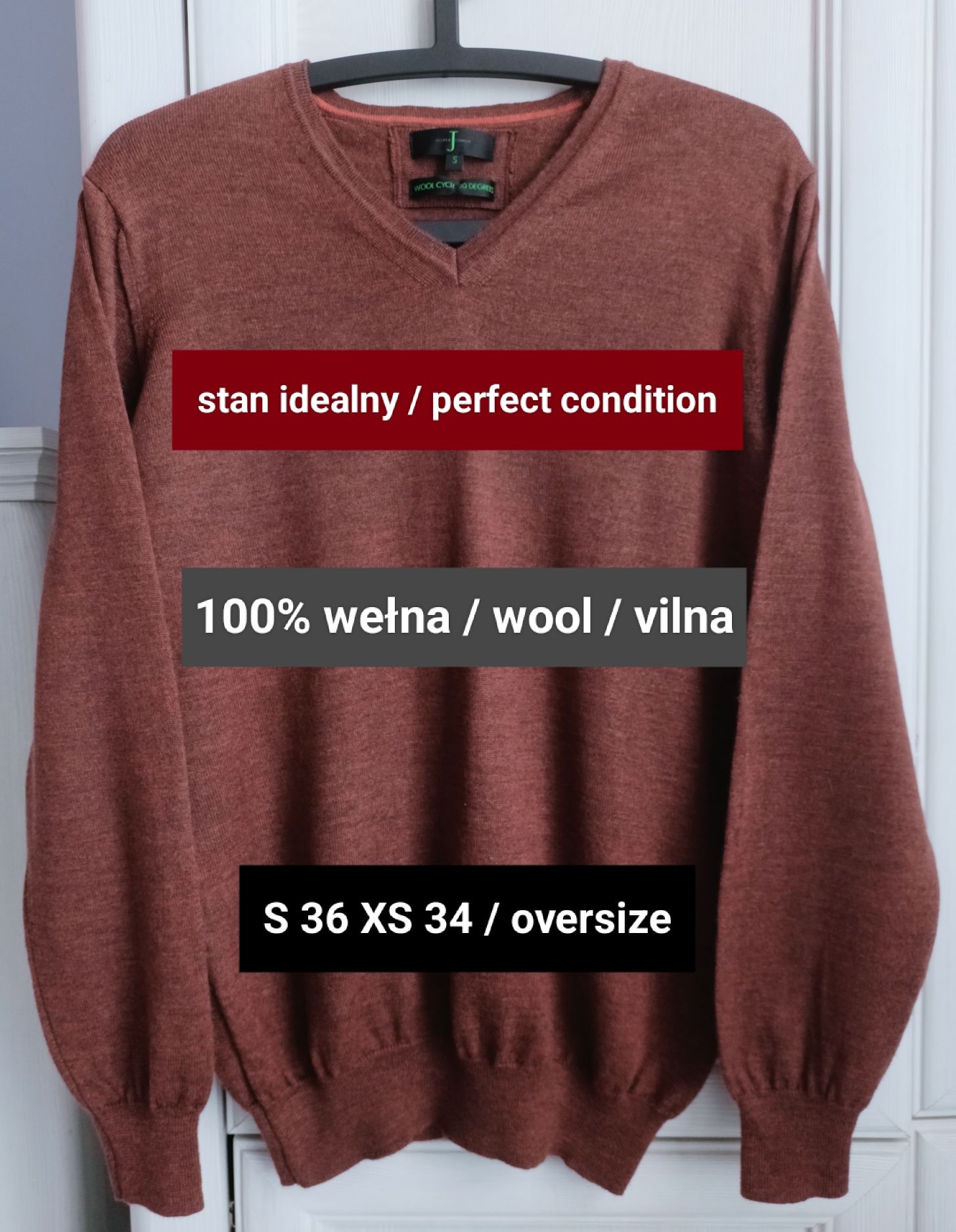 S 36 XS 34 oversize brązowy sweter wełniany 100% merino jak nowy