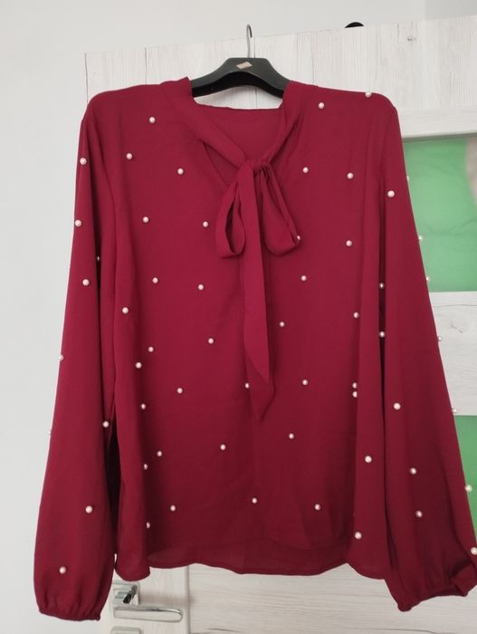 Duża bluzka bordo perełki wiązanie XXL