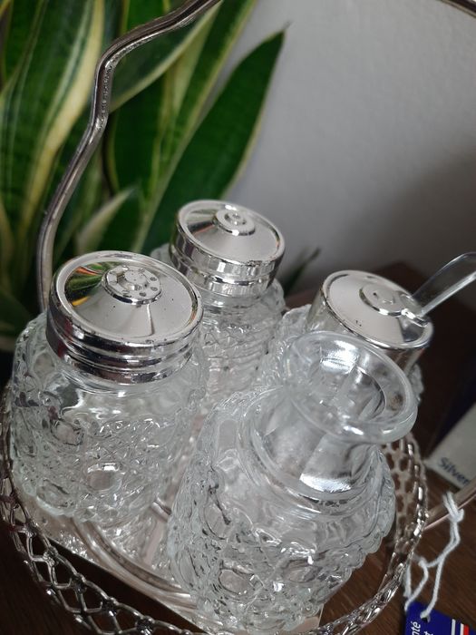 Anglia posrebrzany zestaw stołowy Queen Anne vintage soniczka pieprzni