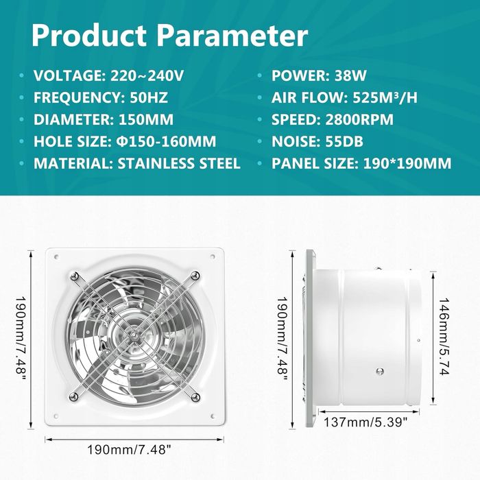 Wentylator wyciągowy, 150 mm, cichy, 525 m³/h, z klapą zwrotną