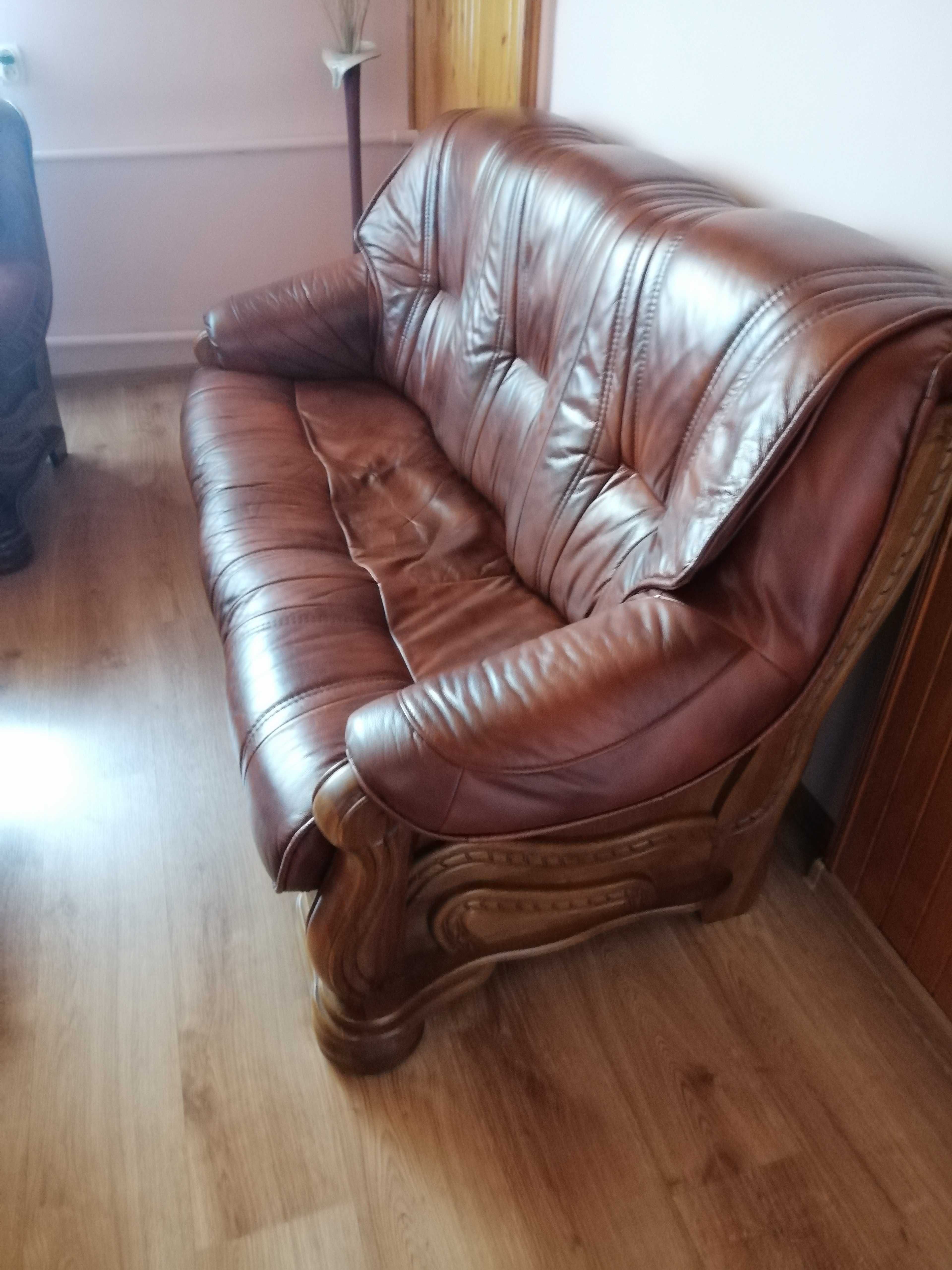 Zestaw kanapa/ sofa, 2 fotele, ława dębowe