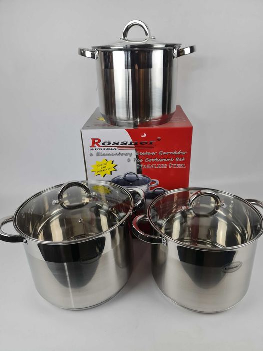 Zestaw 3 Garnki stalowe 8/10/12 L + pokrywki Rossner Indukcja/Gaz 6 el