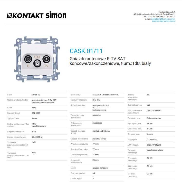 SIMON 10 CASK.01/11 Gniazdo antenowe R-TV-SAT końcowe/zakończeniowe