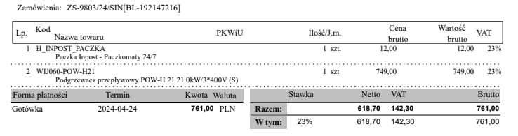 WIJAS POW-H 21 KW Przepływowy Podgrzewacz Wody 3-