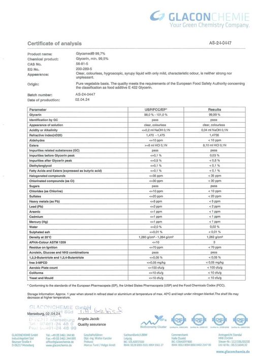 Гліцерин 99,7% харчовий Glaconchemie GmbH, Німеччина