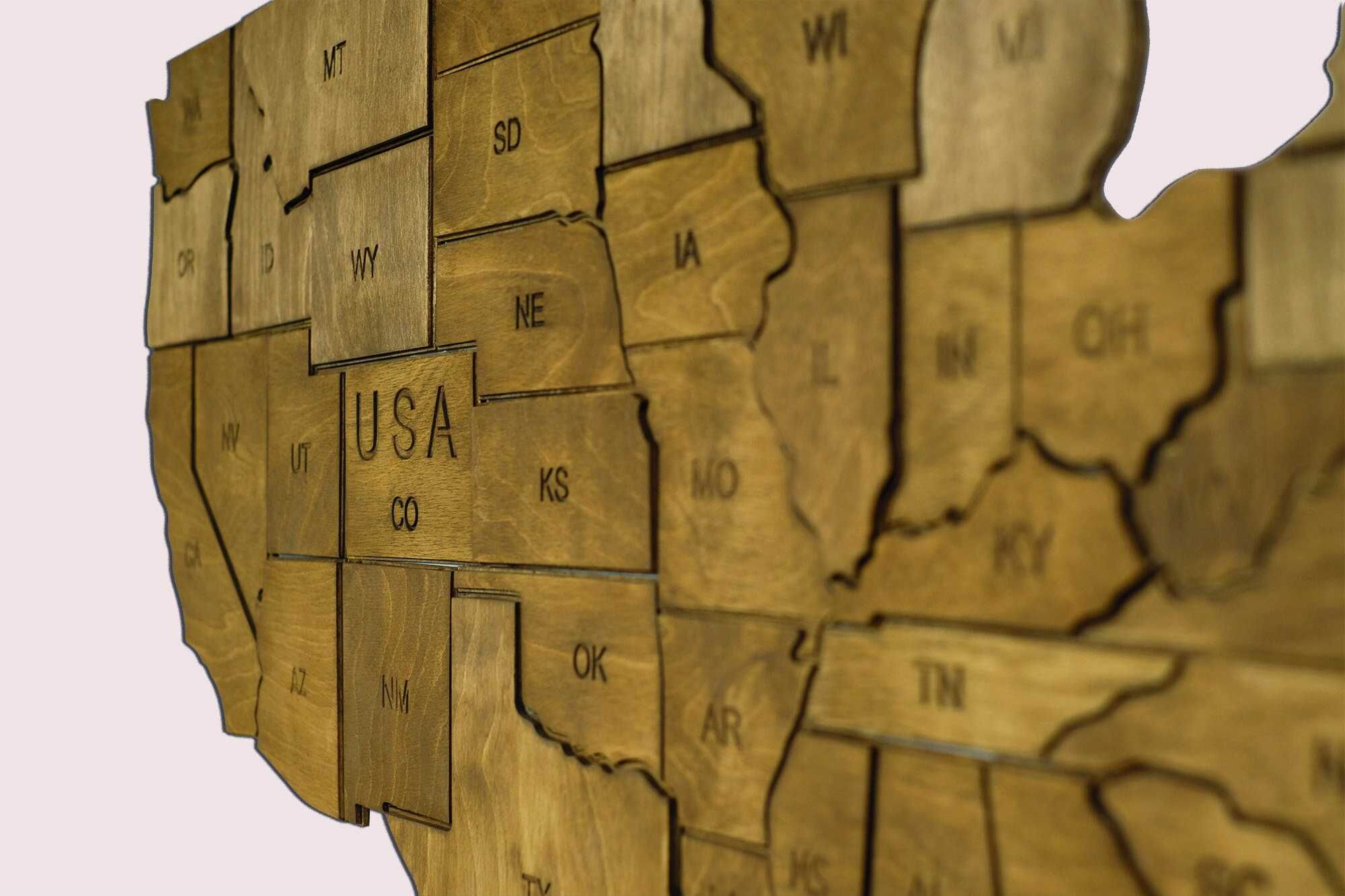 Drewniana Dekoracyjna 3D Mapa  USA