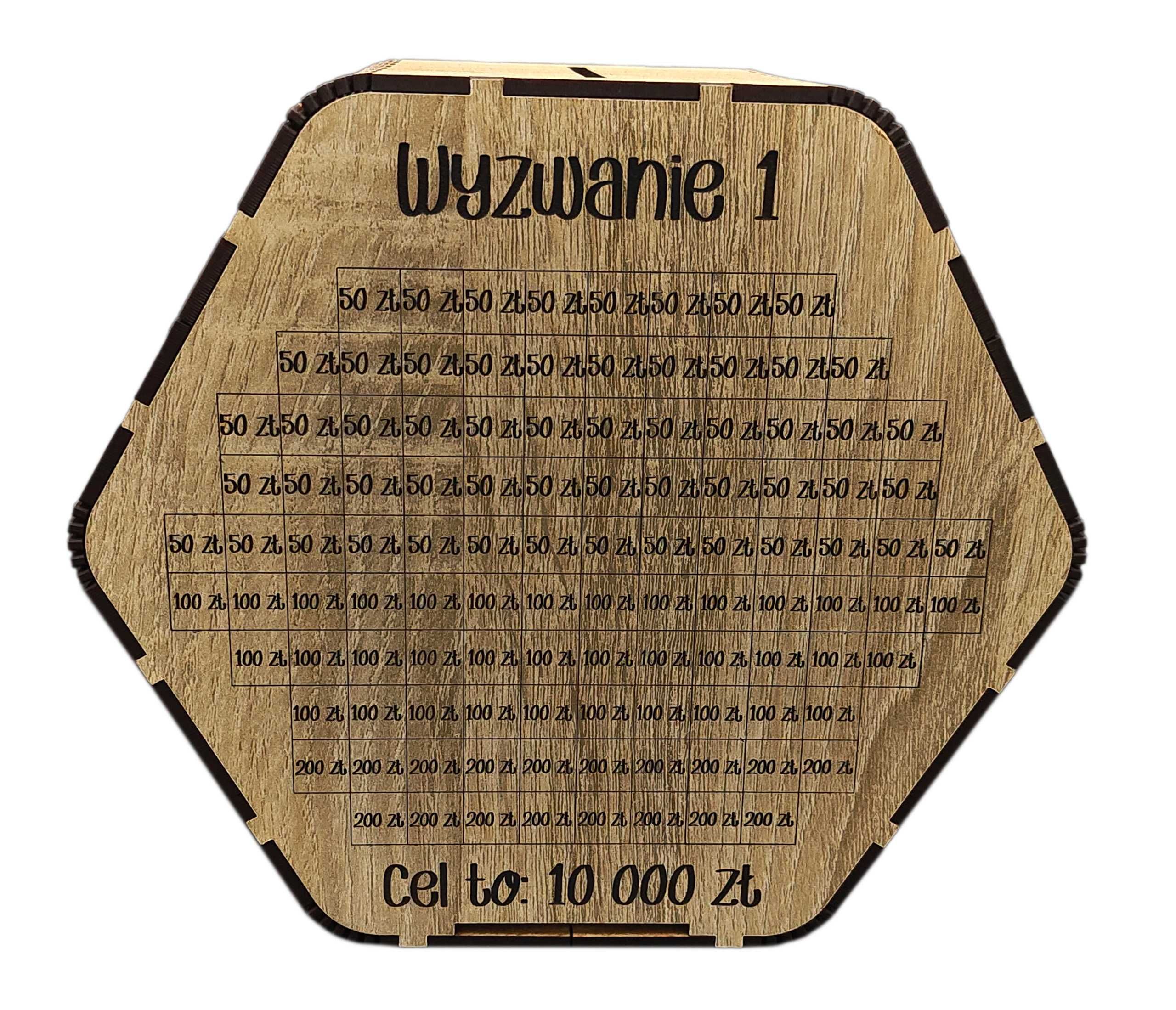 Skarbonka wykreślana dwustronnie WYZWANIE 1 i WYZWANIE 2 kolor DĄB