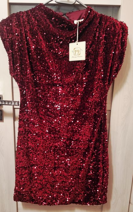 Wino Bordo Sukienka Bling Bling  Cekiny