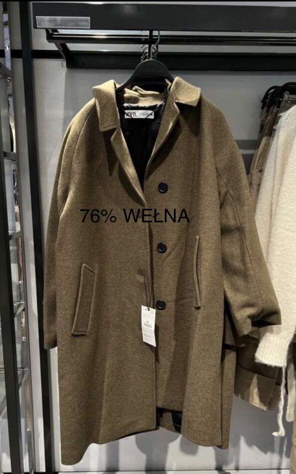 Nowy płaszcz ZARA wełna WEŁNIANY oversize M\L khaki klasyczny