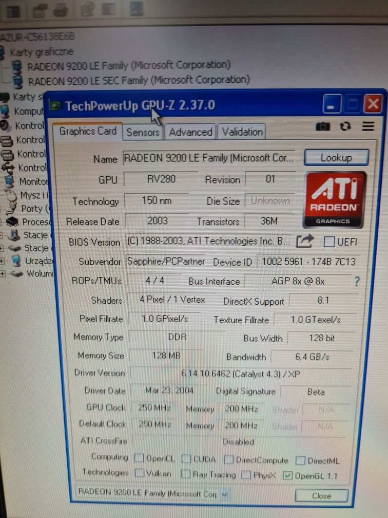 ATI Radeon 9200 LE 128mb ddr, 128bit AGP Retro pc