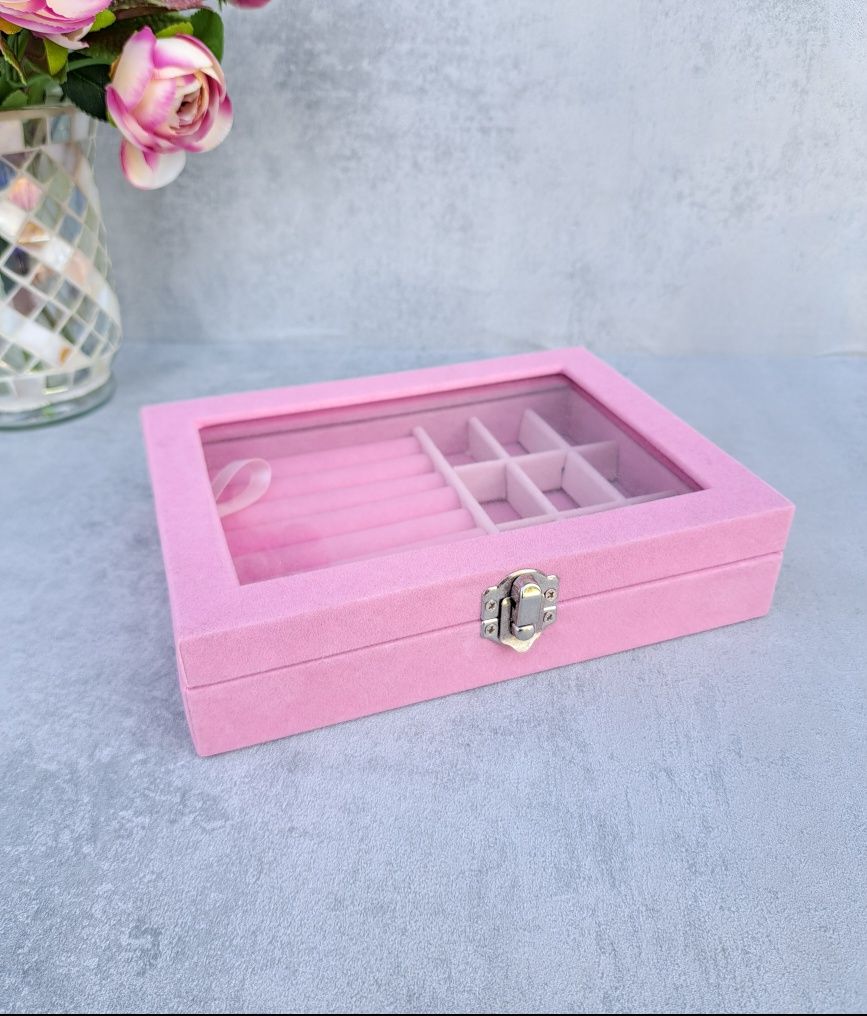 Nowa różowa szkatułka na biżuterię organizer na pierścionki kolczyki