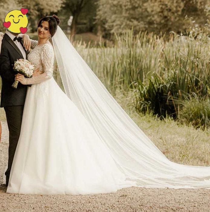 Sprzedam suknię ślubną– raz założona, księżniczka, długi rękaw +welony