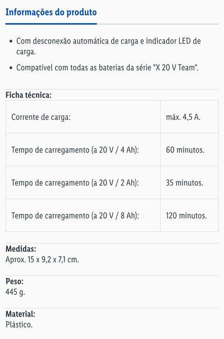 Carregador rápido de bateria 20V até 8ah parkside