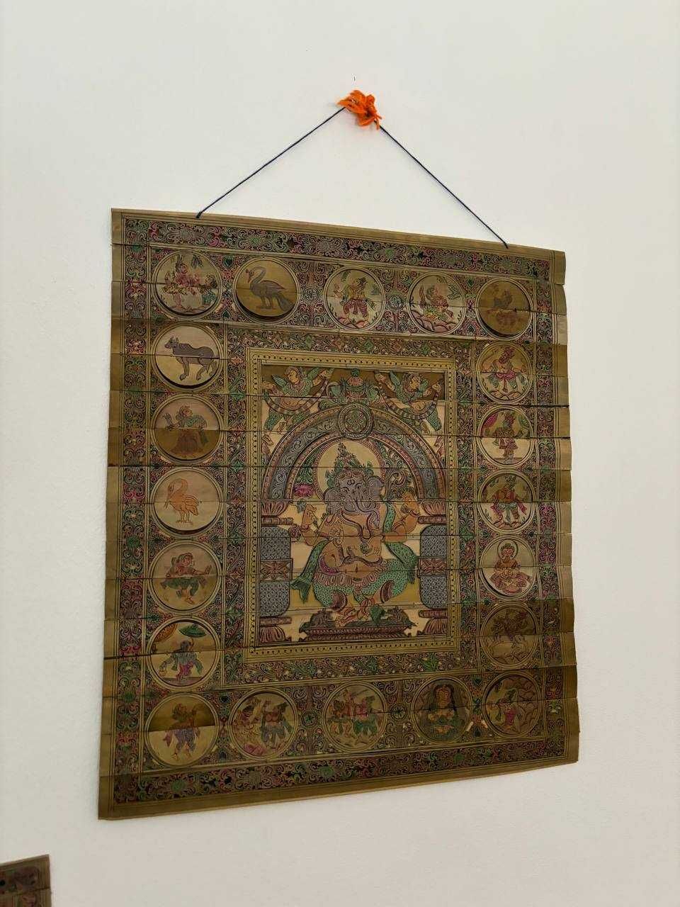 Quadro Hindu Ganesh Gravado em Folha de Palmeira a cores (RARO)