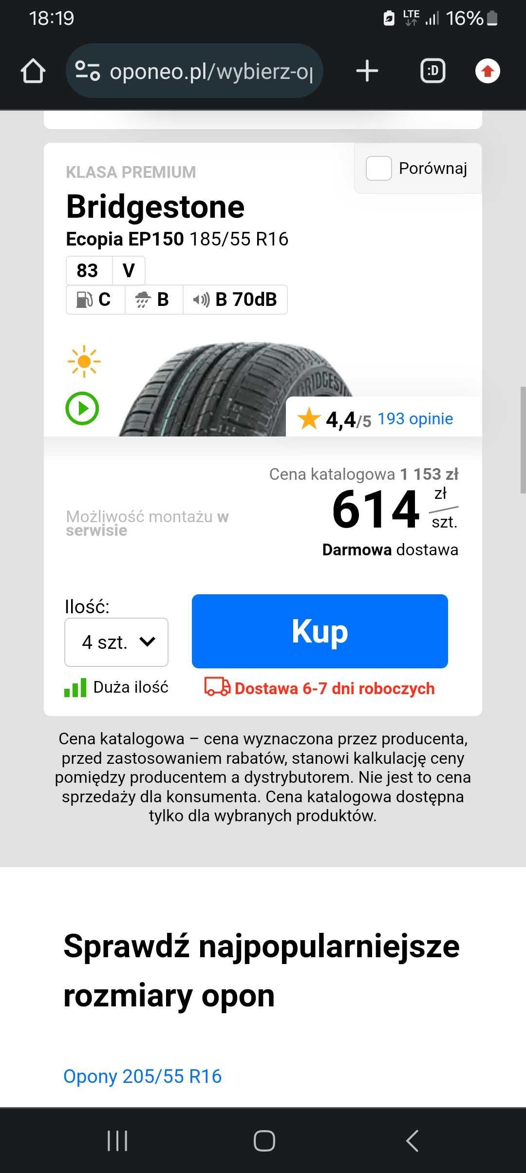 Opony Bridgestone 185x55x16 **83V**Lato**Nowe!!